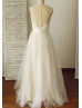 Champagne Lace Tulle Pearl Buttons Back Wedding Dress